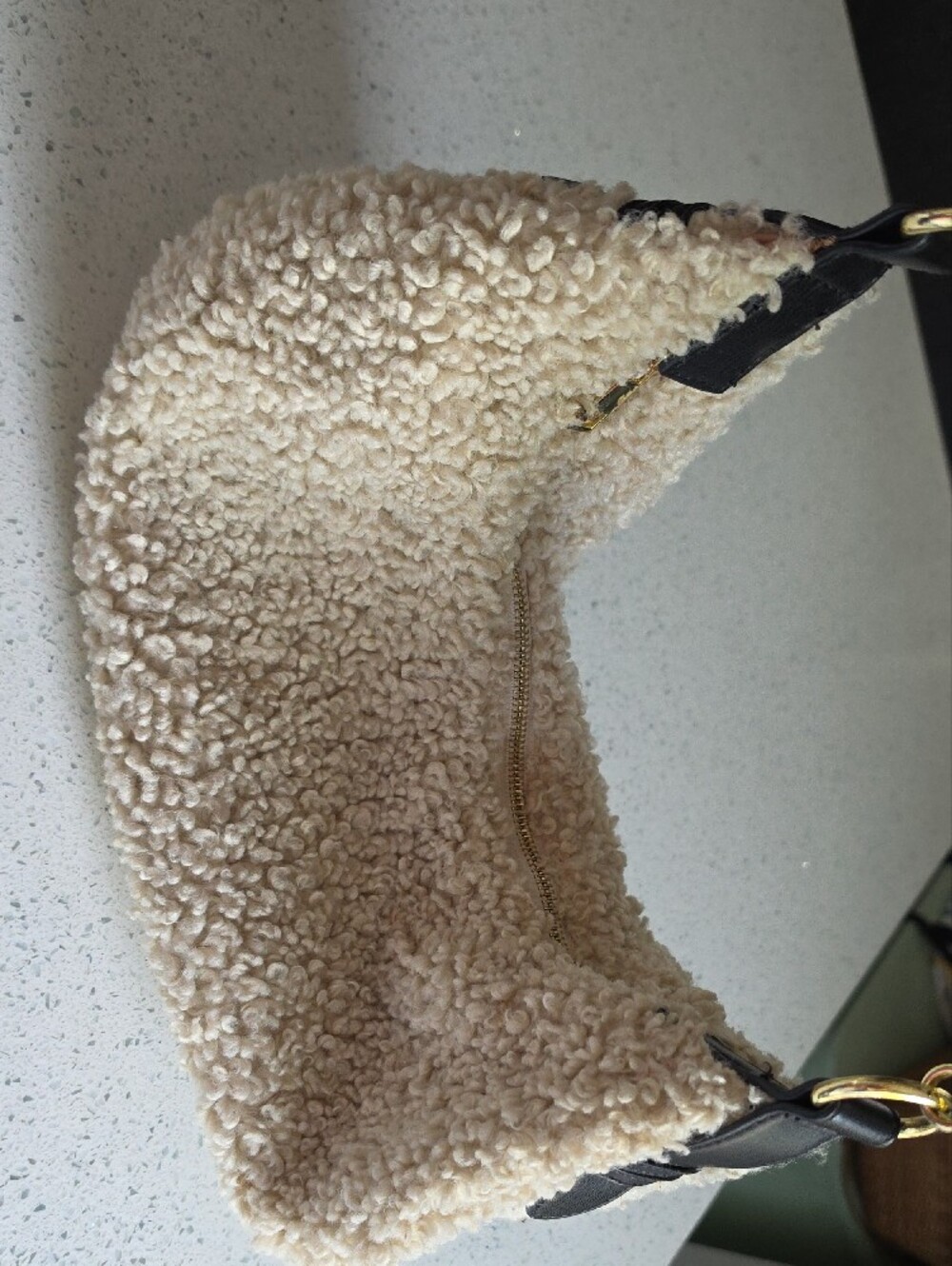 Cream Sherpa Shoulder Bag with Black Strap - Picture 2 of 5